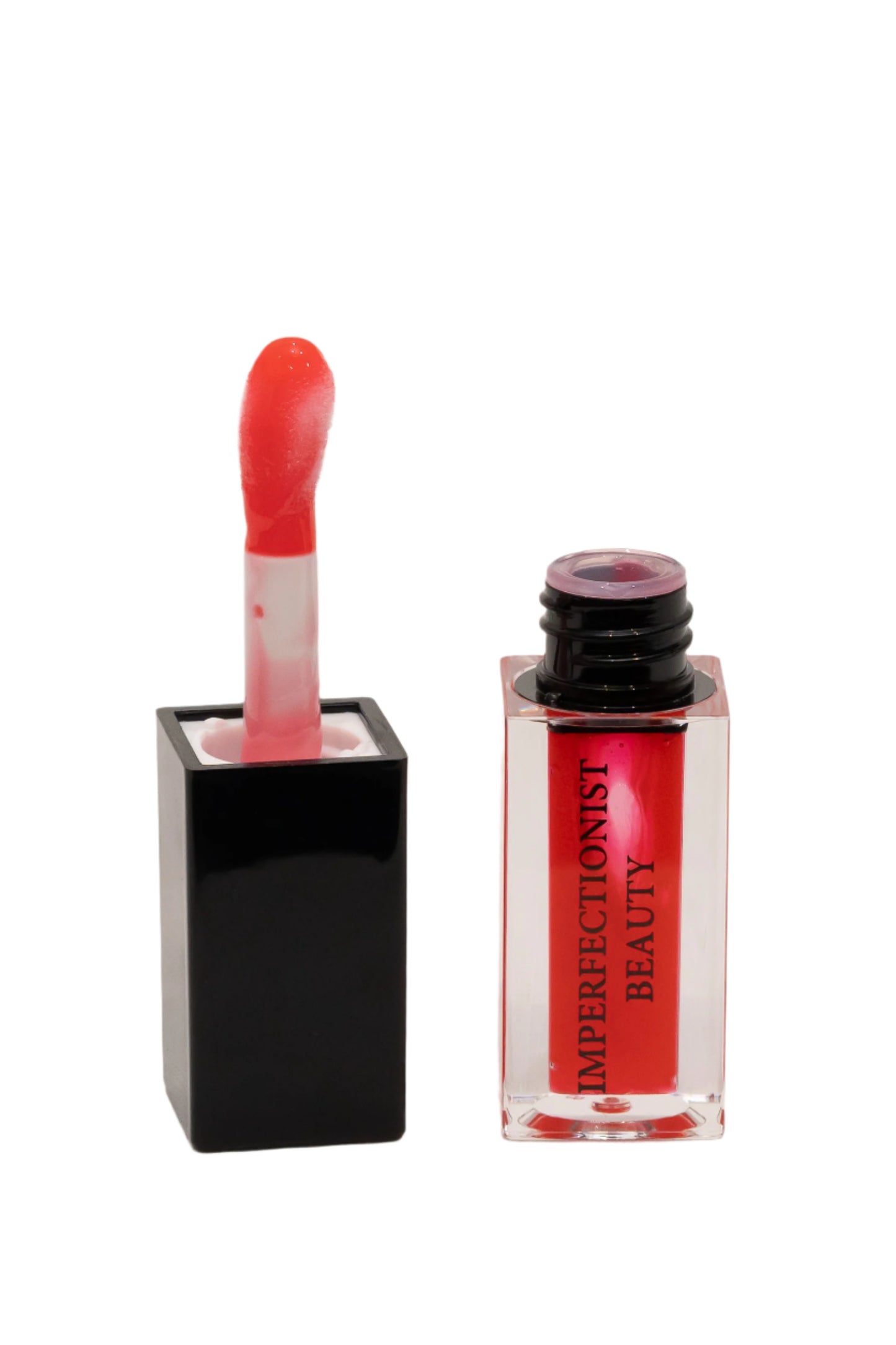Lip tint with applicator and container on a light gray background
